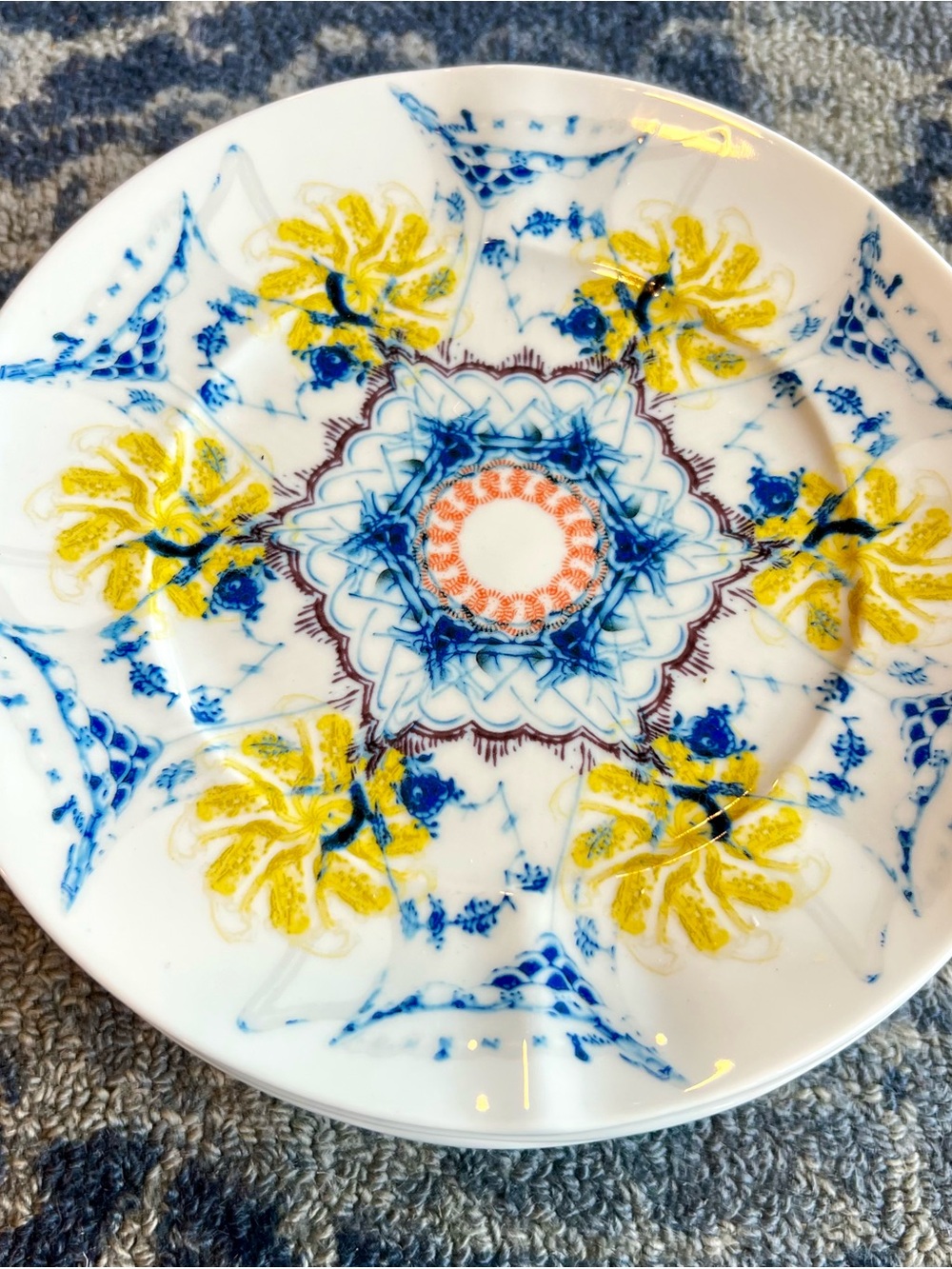 8 Anthropologie Porcelain Plates - Yellow, Blue & Orange - Stunning-Hard to Find
